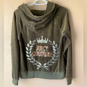 Juicy Couture Y2K Olive Green Sequin Crown Velvet Zip Up Track Jacket Size M